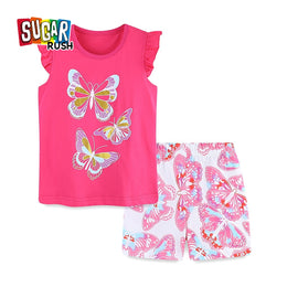 Fuchsia Girls Printed Pure Cotton Top With Shorts