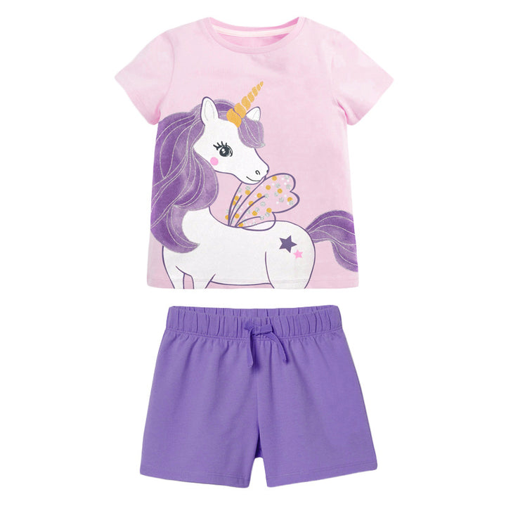 Girls Purple Printed Top With Shorts