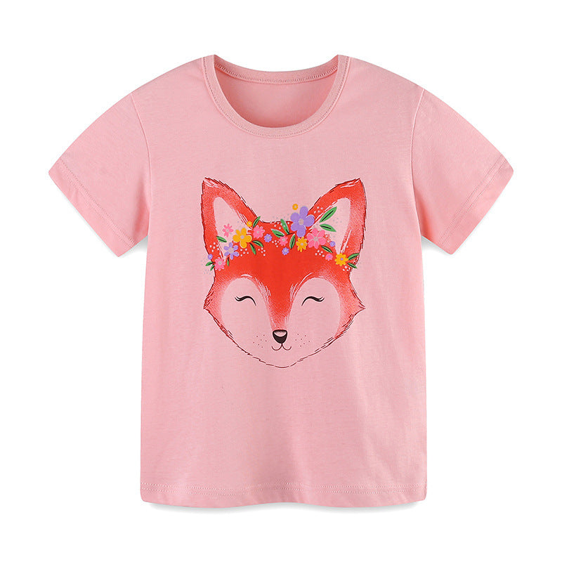 Girls Pink Round Neck Short Sleeves Printed T-shirt