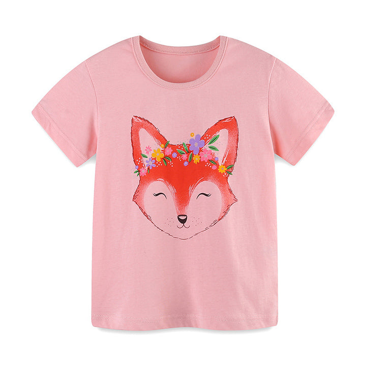 Girls Pink Round Neck Short Sleeves Printed T-shirt