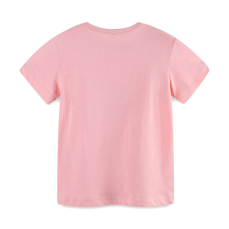 Girls Pink Round Neck Short Sleeves Printed T-shirt