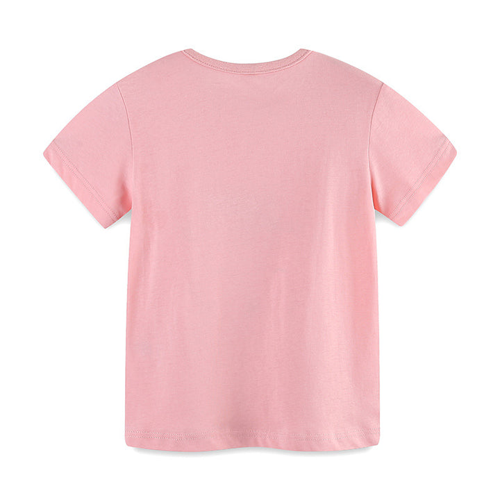 Girls Pink Round Neck Short Sleeves Printed T-shirt