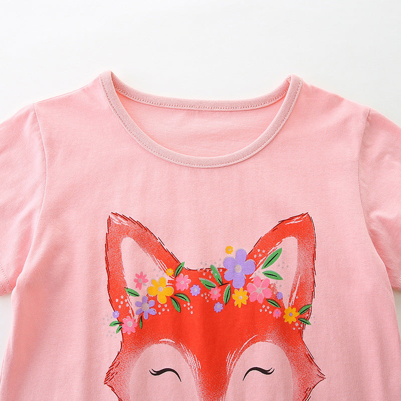 Girls Pink Round Neck Short Sleeves Printed T-shirt
