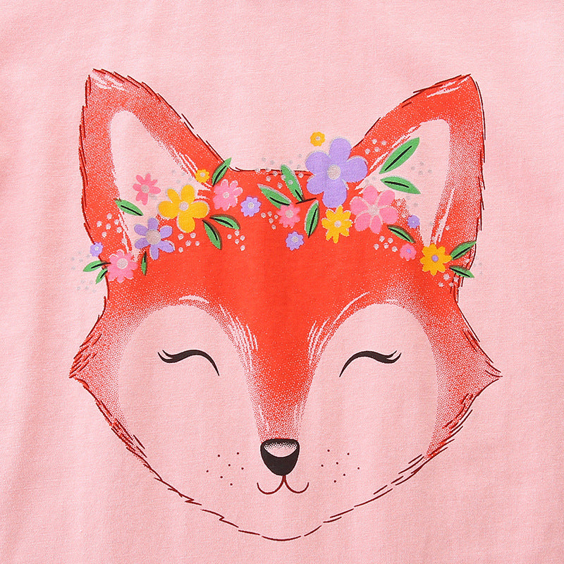 Girls Pink Round Neck Short Sleeves Printed T-shirt
