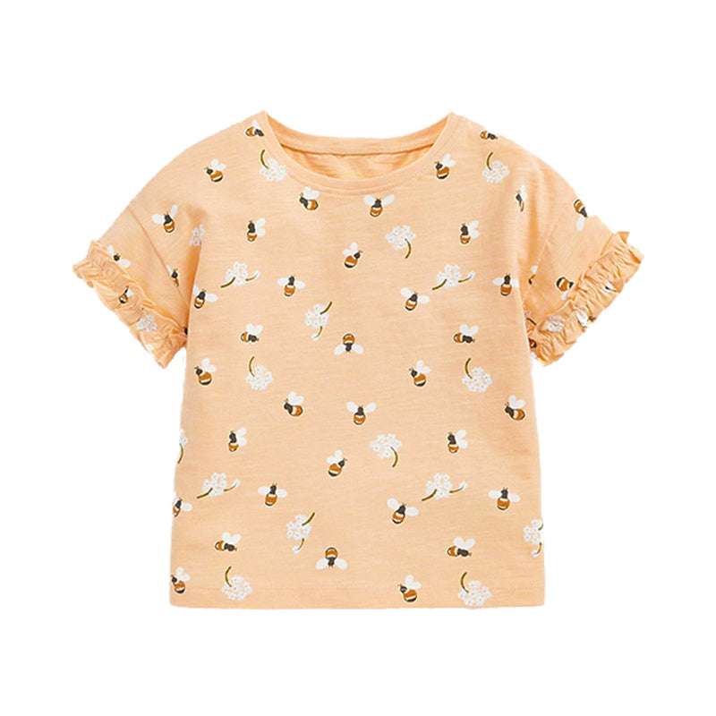 Girls Orange Conversational Printed Cotton T-shirt