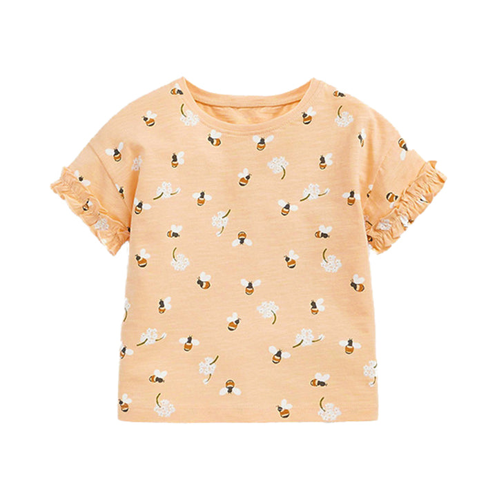 Girls Orange Conversational Printed Cotton T-shirt