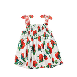 Girls White & Red Floral Print Cotton Fit & Flare Dress