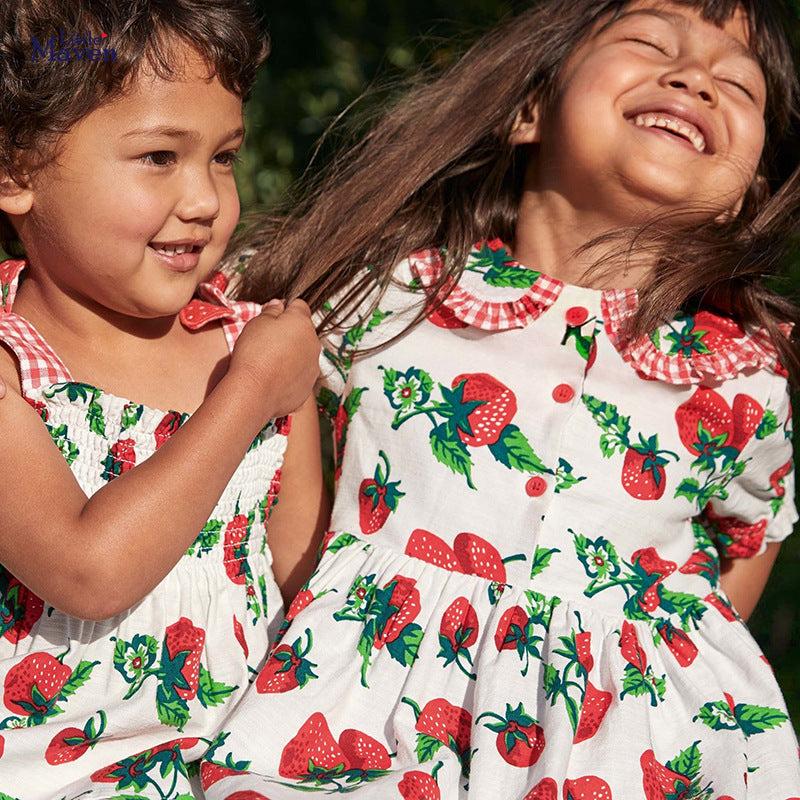 Girls White & Red Floral Print Cotton Fit & Flare Dress