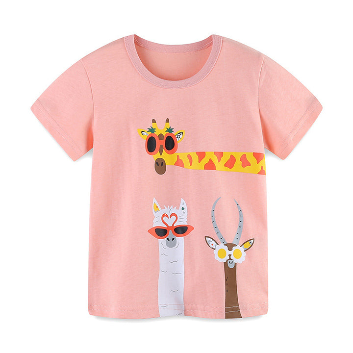 Girls Pink Round Neck Short Sleeves Printed Cotton T-shirt