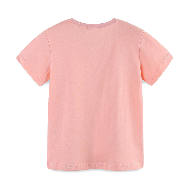 Girls Pink Round Neck Short Sleeves Printed Cotton T-shirt