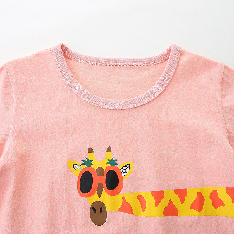 Girls Pink Round Neck Short Sleeves Printed Cotton T-shirt