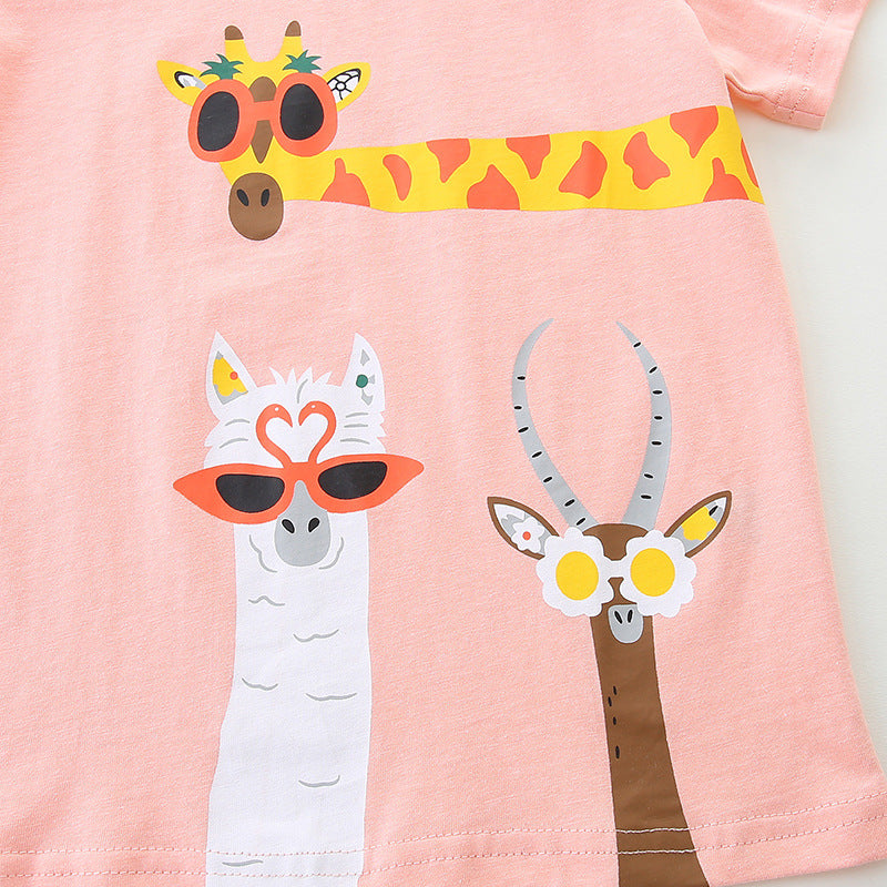 Girls Pink Round Neck Short Sleeves Printed Cotton T-shirt
