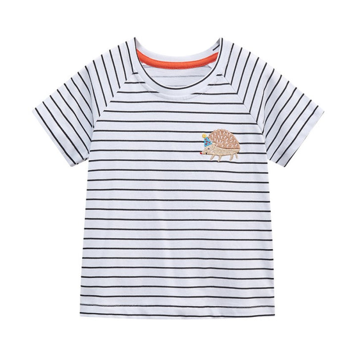 Girls White Striped Raglan Sleeves Cotton T-shirt