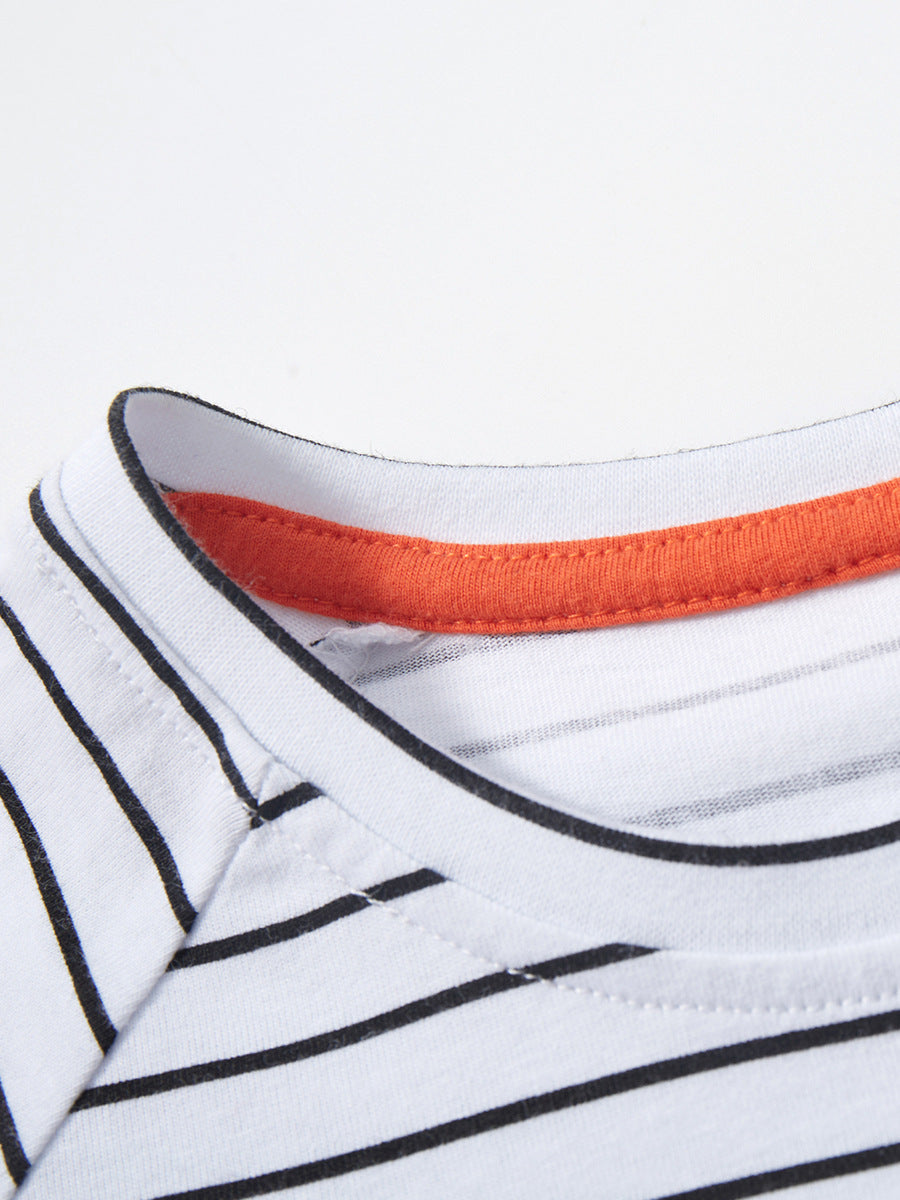 Girls White Striped Raglan Sleeves Cotton T-shirt