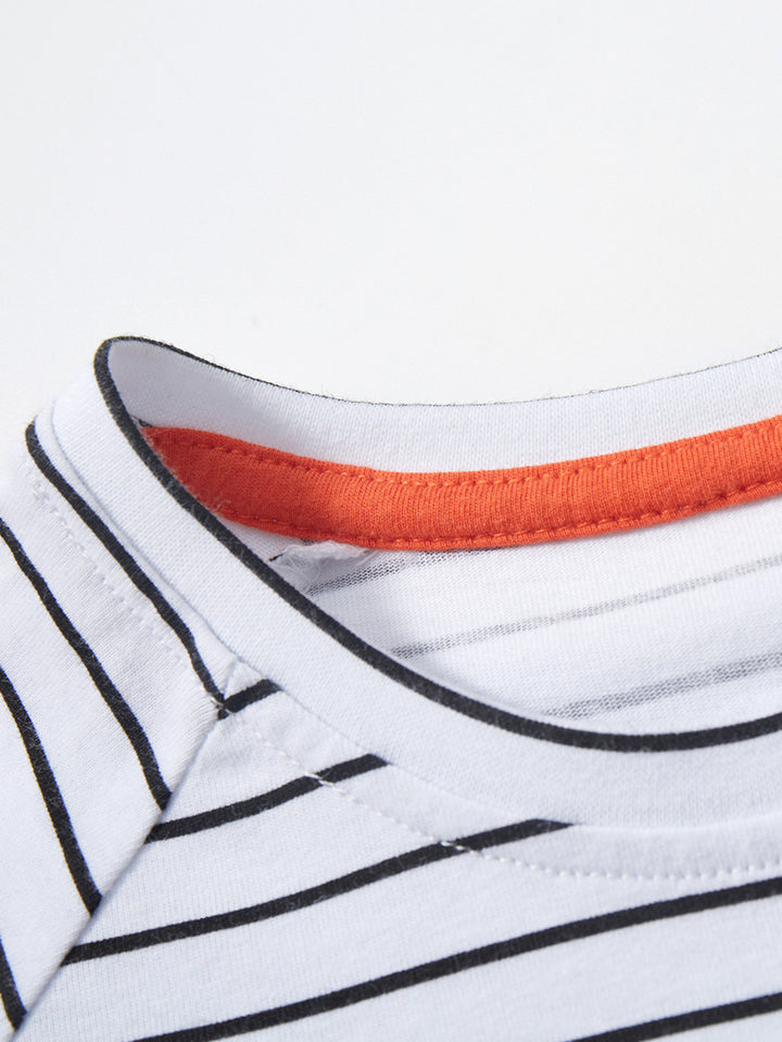 Girls White Striped Raglan Sleeves Cotton T-shirt