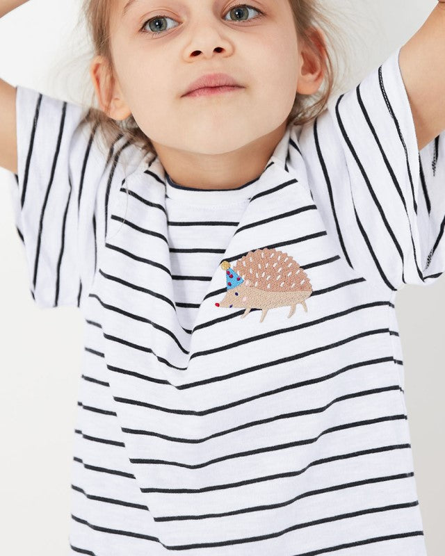 Girls White Striped Raglan Sleeves Cotton T-shirt