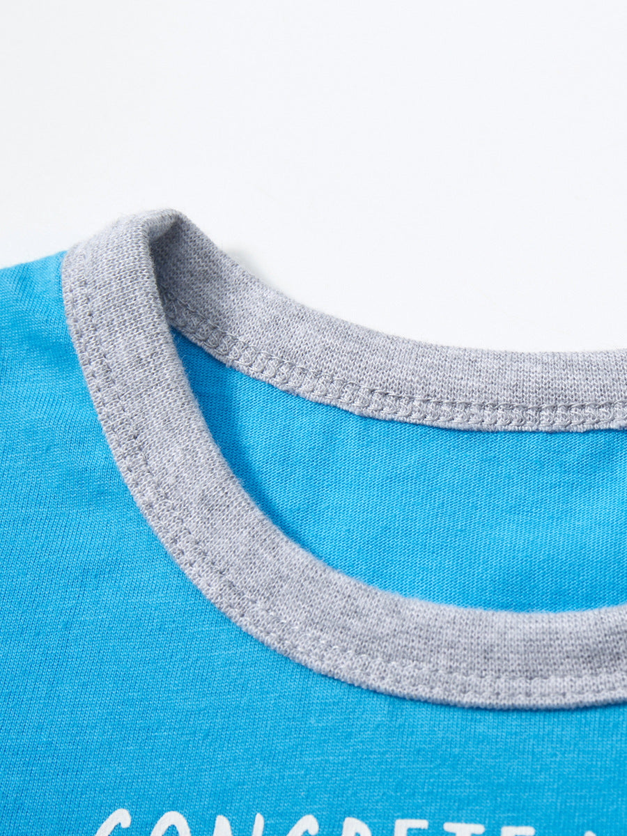 Kids Blue Printed Cotton Regular Fit Round Neck T-shirt