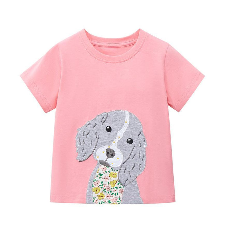 Girls Pink Cotton Printed Regular Fit Round Neck T-shirt