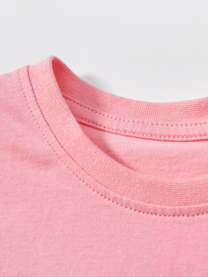 Girls Pink Cotton Printed Regular Fit Round Neck T-shirt