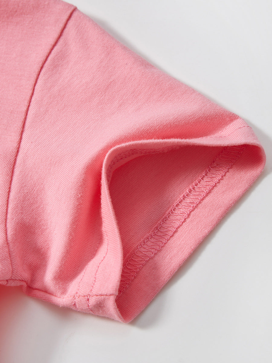 Girls Pink Cotton Printed Regular Fit Round Neck T-shirt