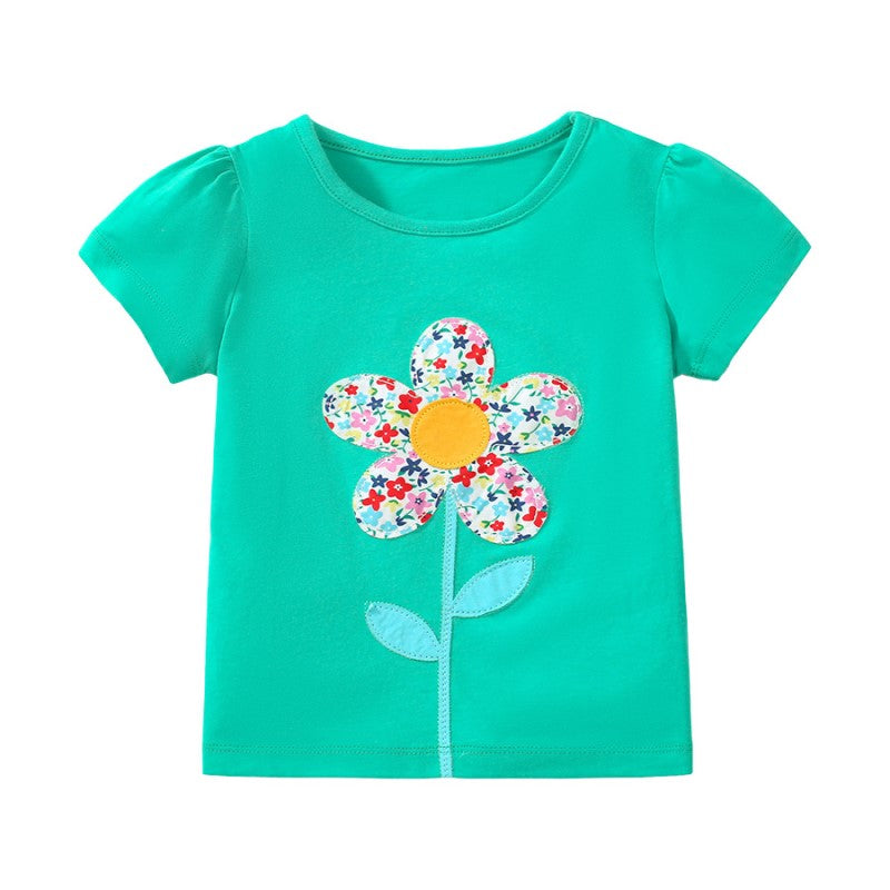 Girls Green Floral Applique Cotton T-shirt