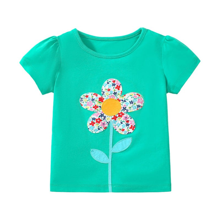 Girls Green Floral Applique Cotton T-shirt