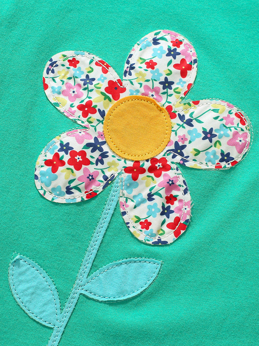 Girls Green Floral Applique Cotton T-shirt