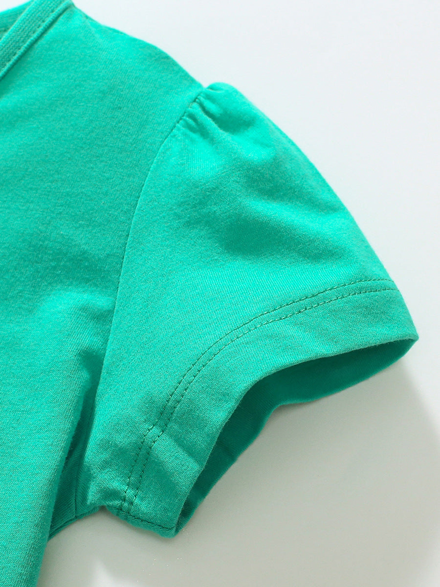 Girls Green Floral Applique Cotton T-shirt