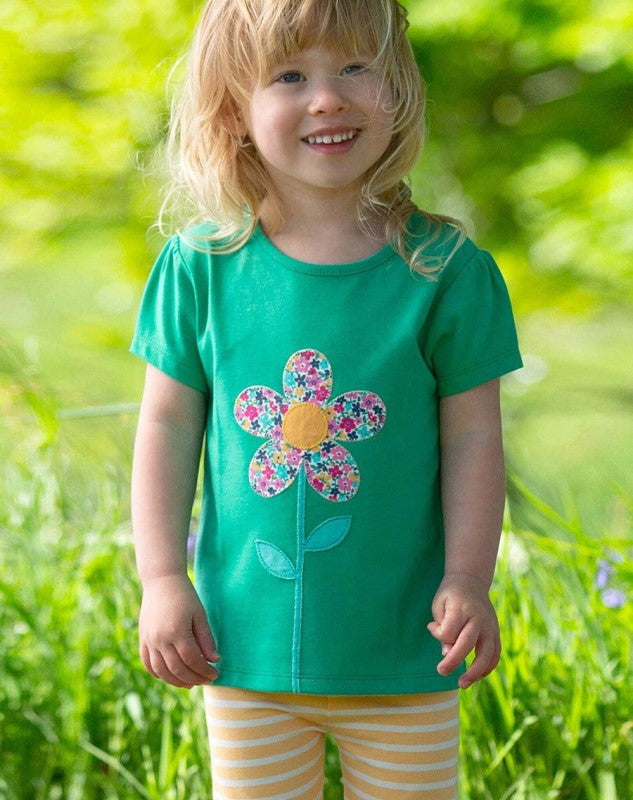 Girls Green Floral Applique Cotton T-shirt