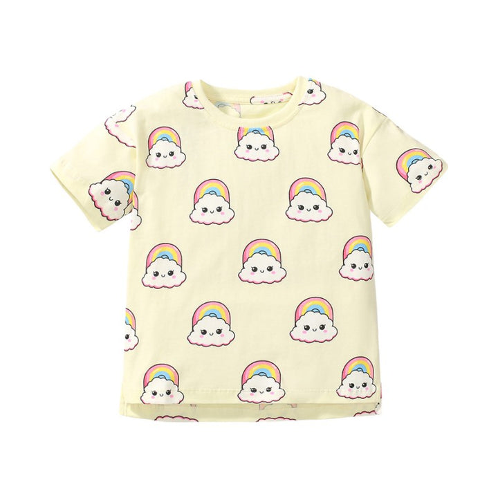 Girls Yellow Round Neck Short Sleeves Printed Cotton T-shirt