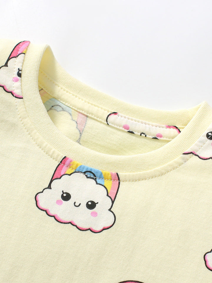 Girls Yellow Round Neck Short Sleeves Printed Cotton T-shirt