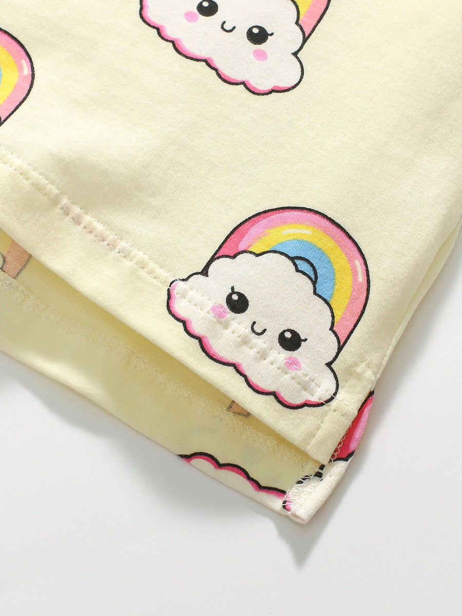 Girls Yellow Round Neck Short Sleeves Printed Cotton T-shirt