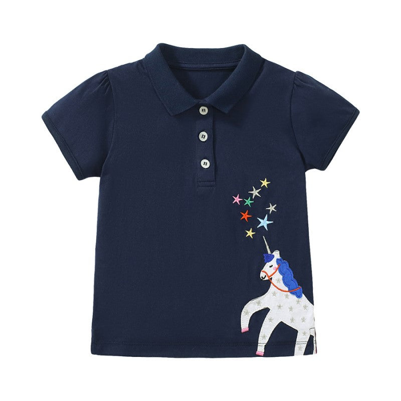 Girls Graphic Printed Polo Collar Cotton T-Shirt