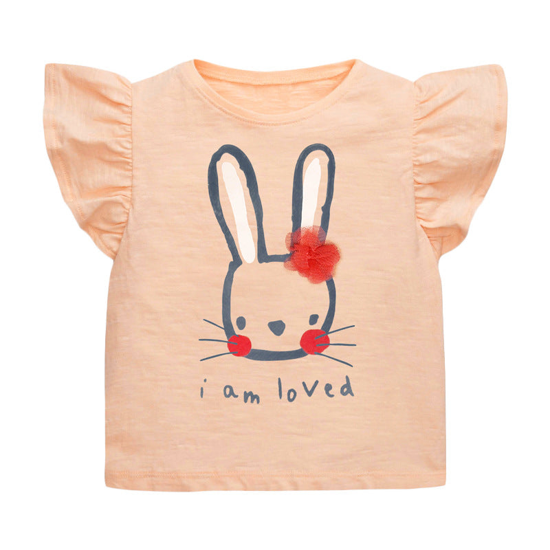 Girls Orange Printed Round Neck Cotton T-shirt