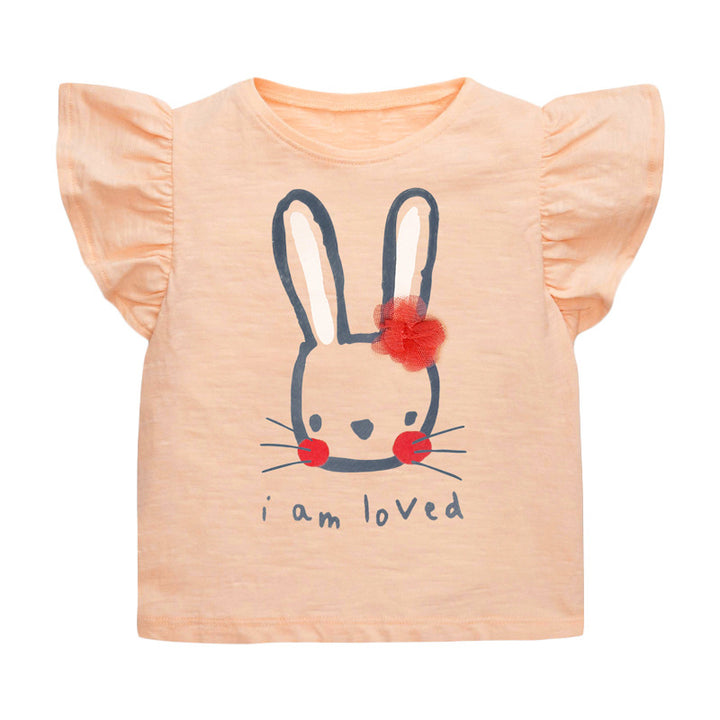 Girls Orange Printed Round Neck Cotton T-shirt