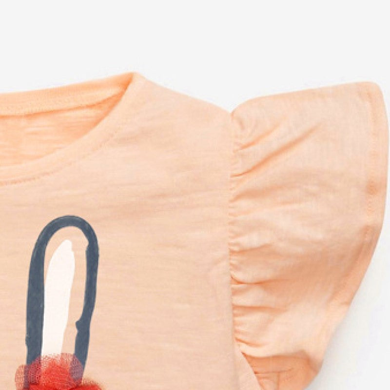 Girls Orange Printed Round Neck Cotton T-shirt