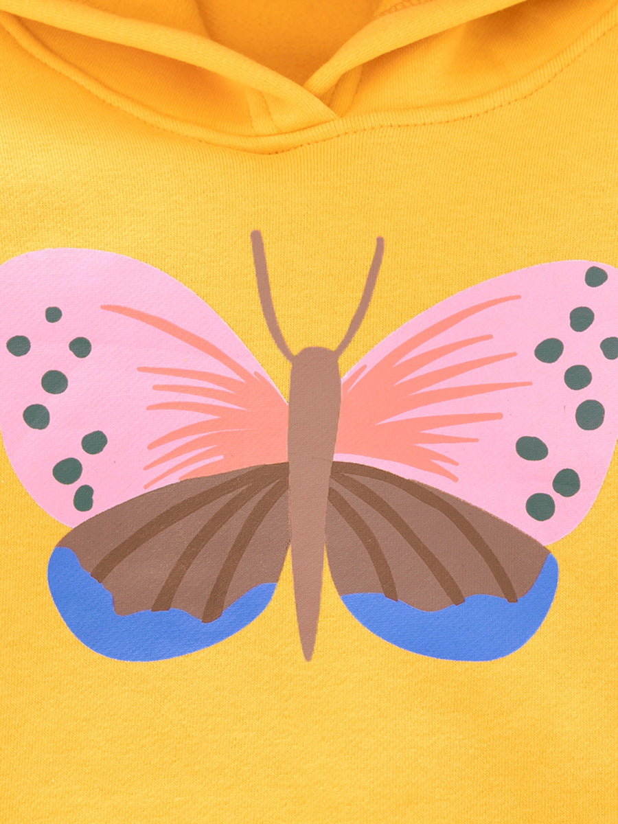Girls Yellow Graphic Printed Hooded Cotton Pullover Sweatshirt