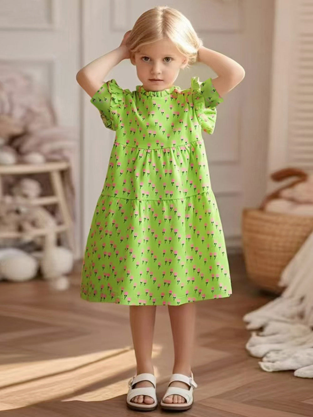 Girls Printed Tiered Cotton A-Line Dress