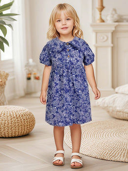 Girls Peter Pan Collar Puff Sleeve Fit and Flare Dress