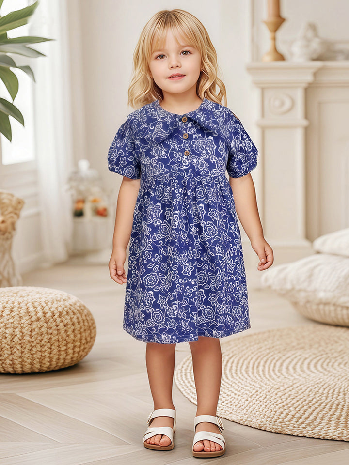 Girls Peter Pan Collar Puff Sleeve Fit and Flare Dress