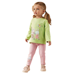 Girls Printed Round Neck Long Sleeves Pure Cotton T-Shirt & Leggings