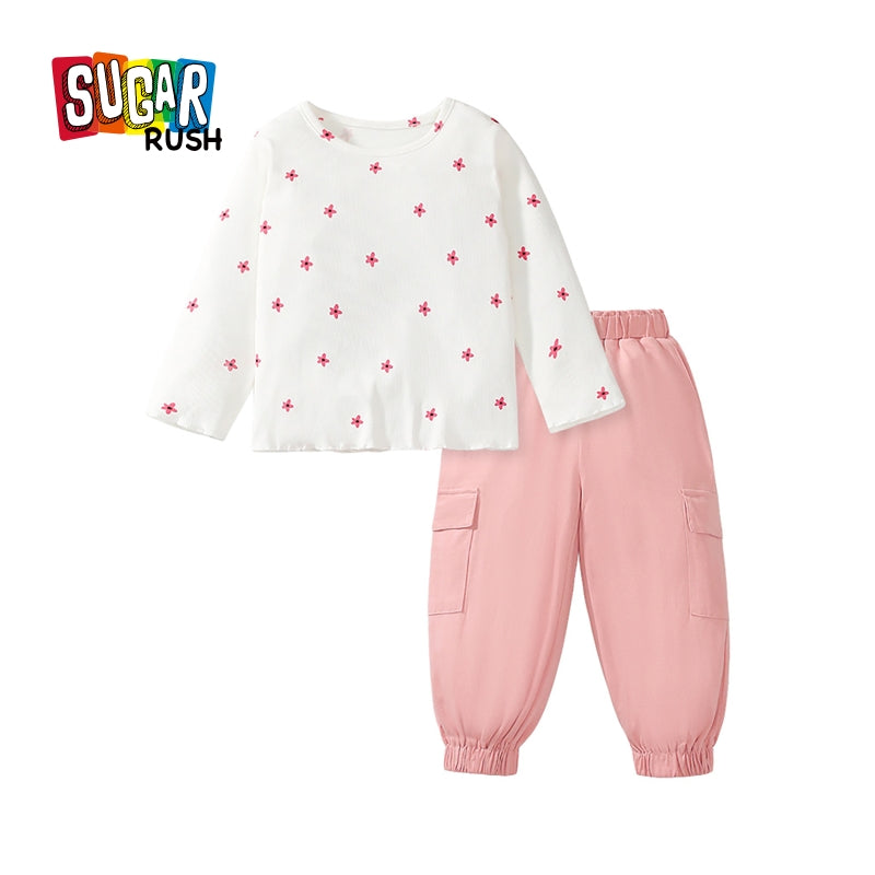 Girls White & Pink Printed Pure Cotton Top with Trousers