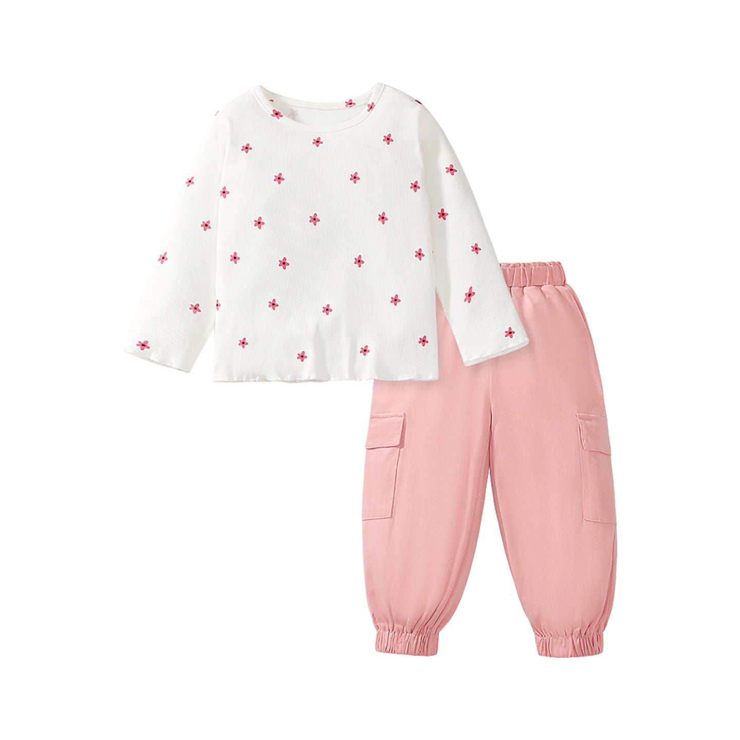 Girls White & Pink Printed Pure Cotton Top with Trousers