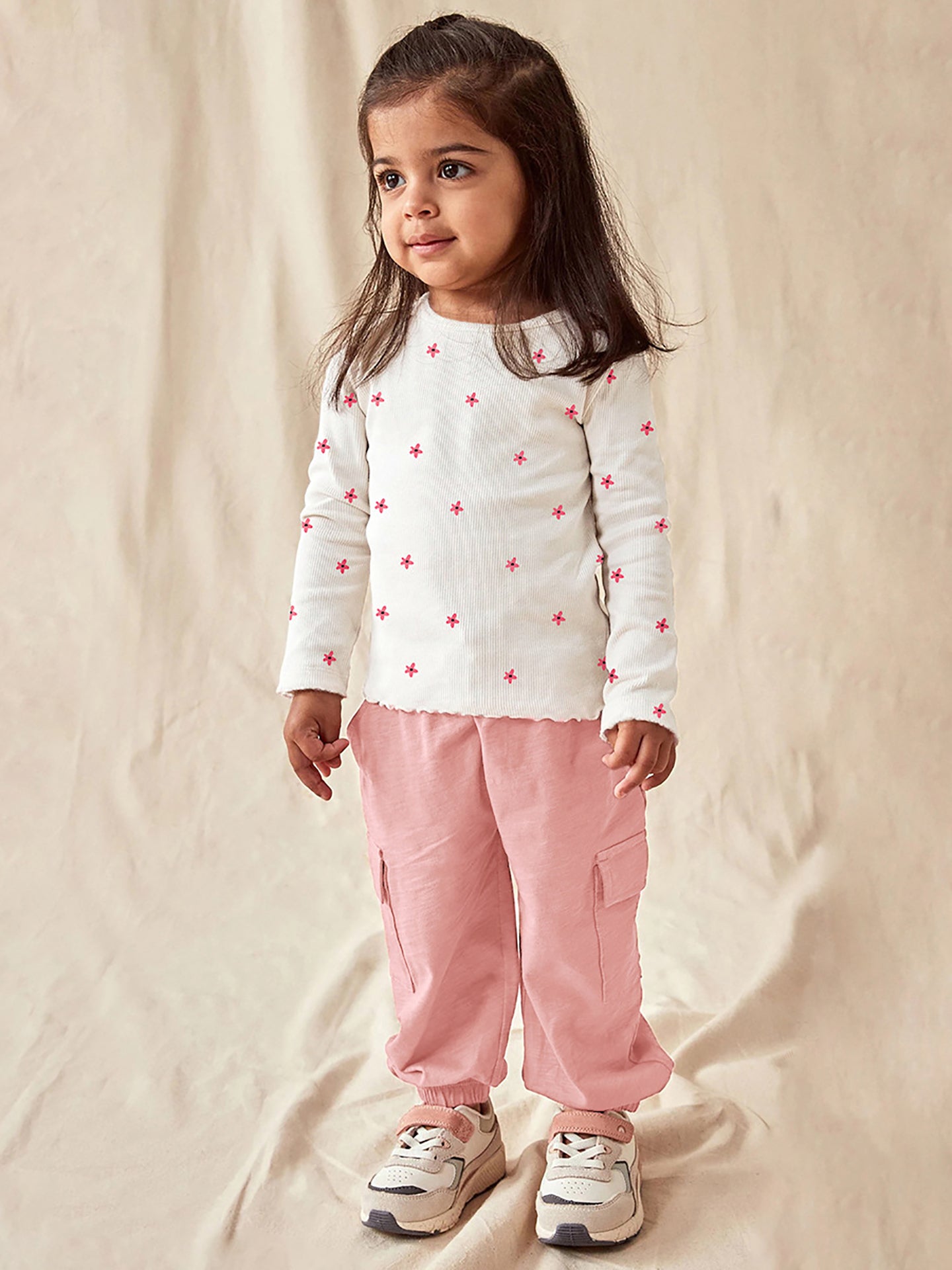 Girls White & Pink Printed Pure Cotton Top with Trousers