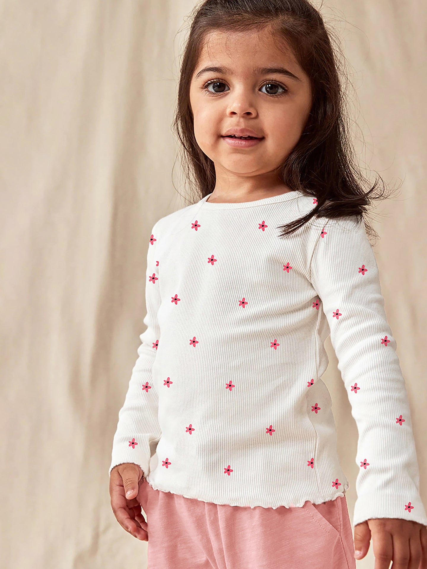 Girls White & Pink Printed Pure Cotton Top with Trousers