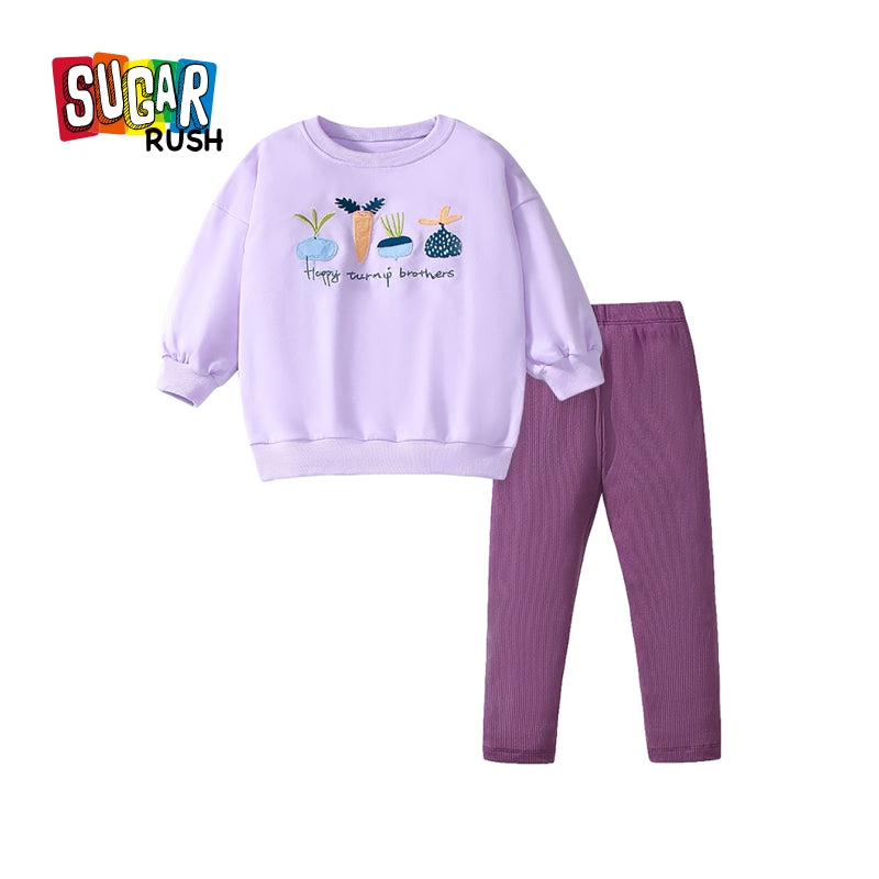 Girls Purple & Blue Printed Pure Cotton Top with Leggings