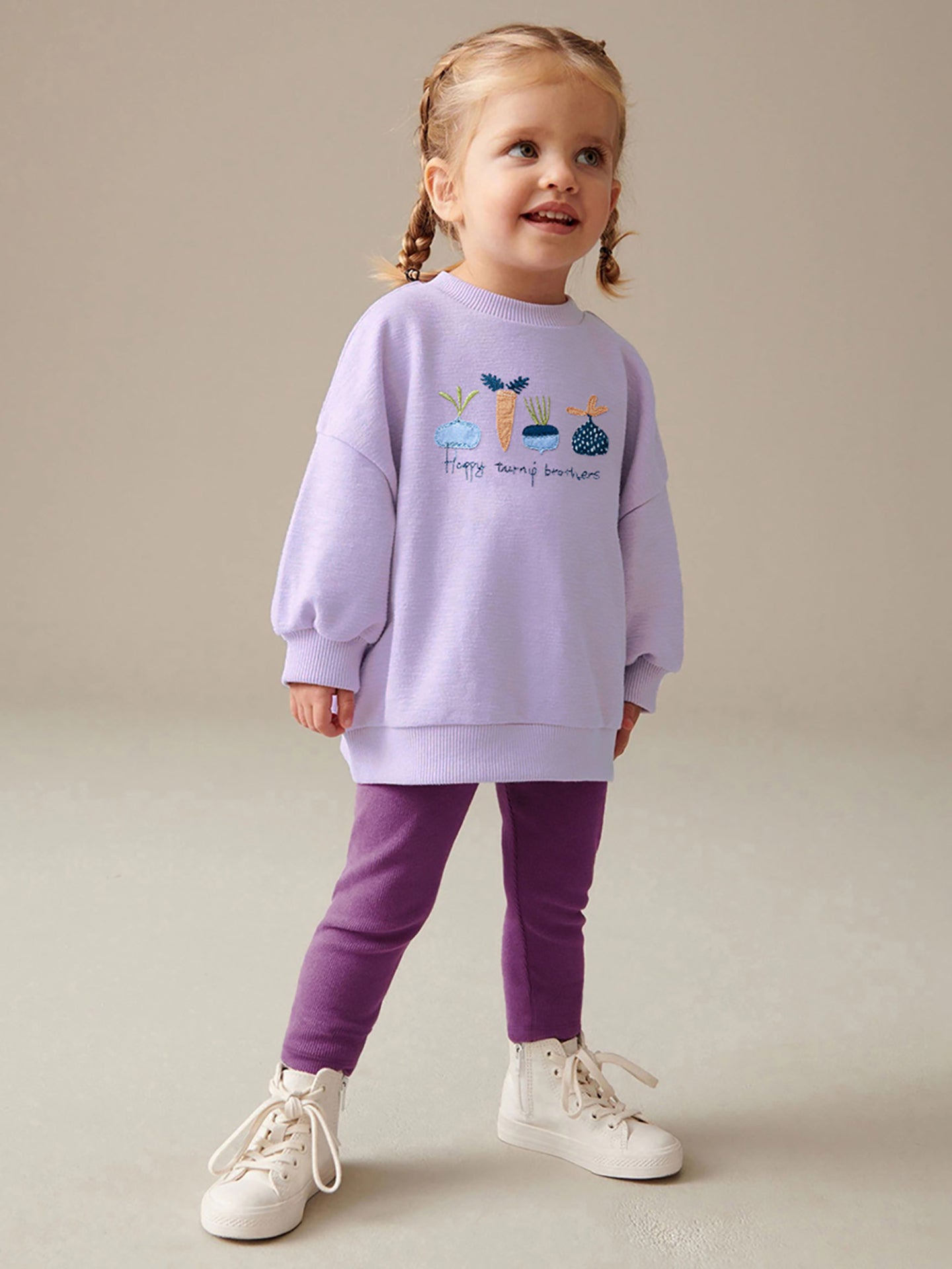 Girls Purple & Blue Printed Pure Cotton Top with Leggings