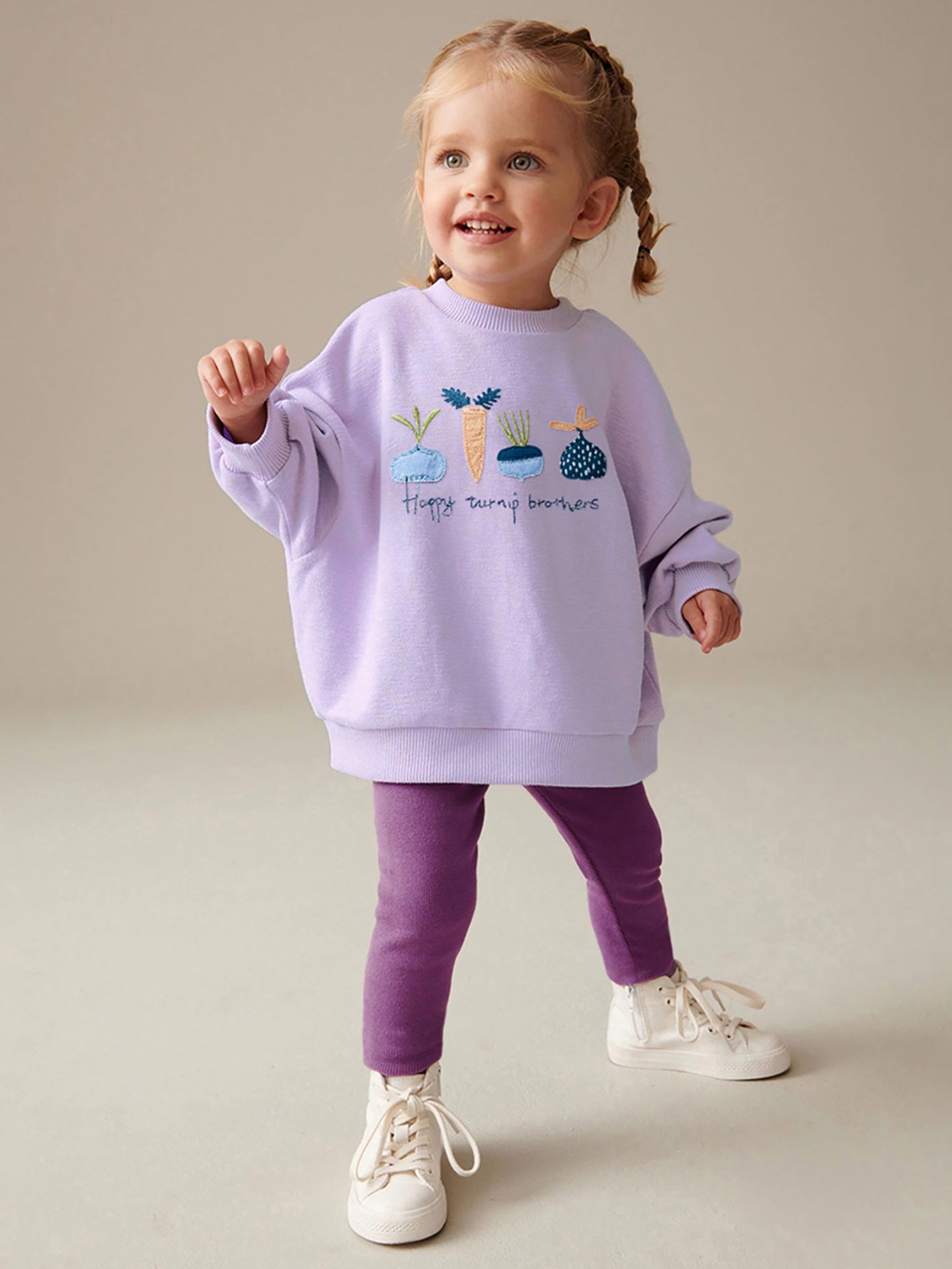 Girls Purple & Blue Printed Pure Cotton Top with Leggings
