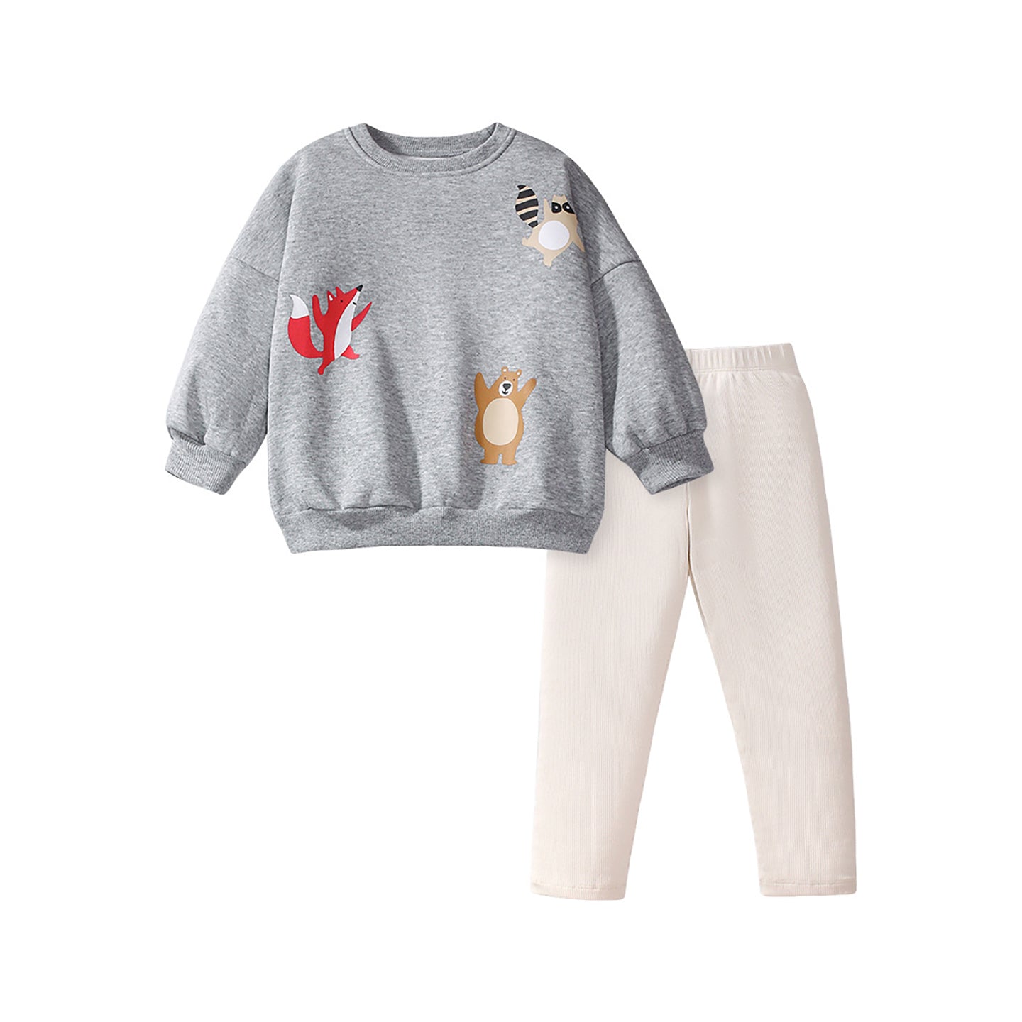 Girls Grey & Off White Printed Pure Cotton Sweatshirt with Leggings