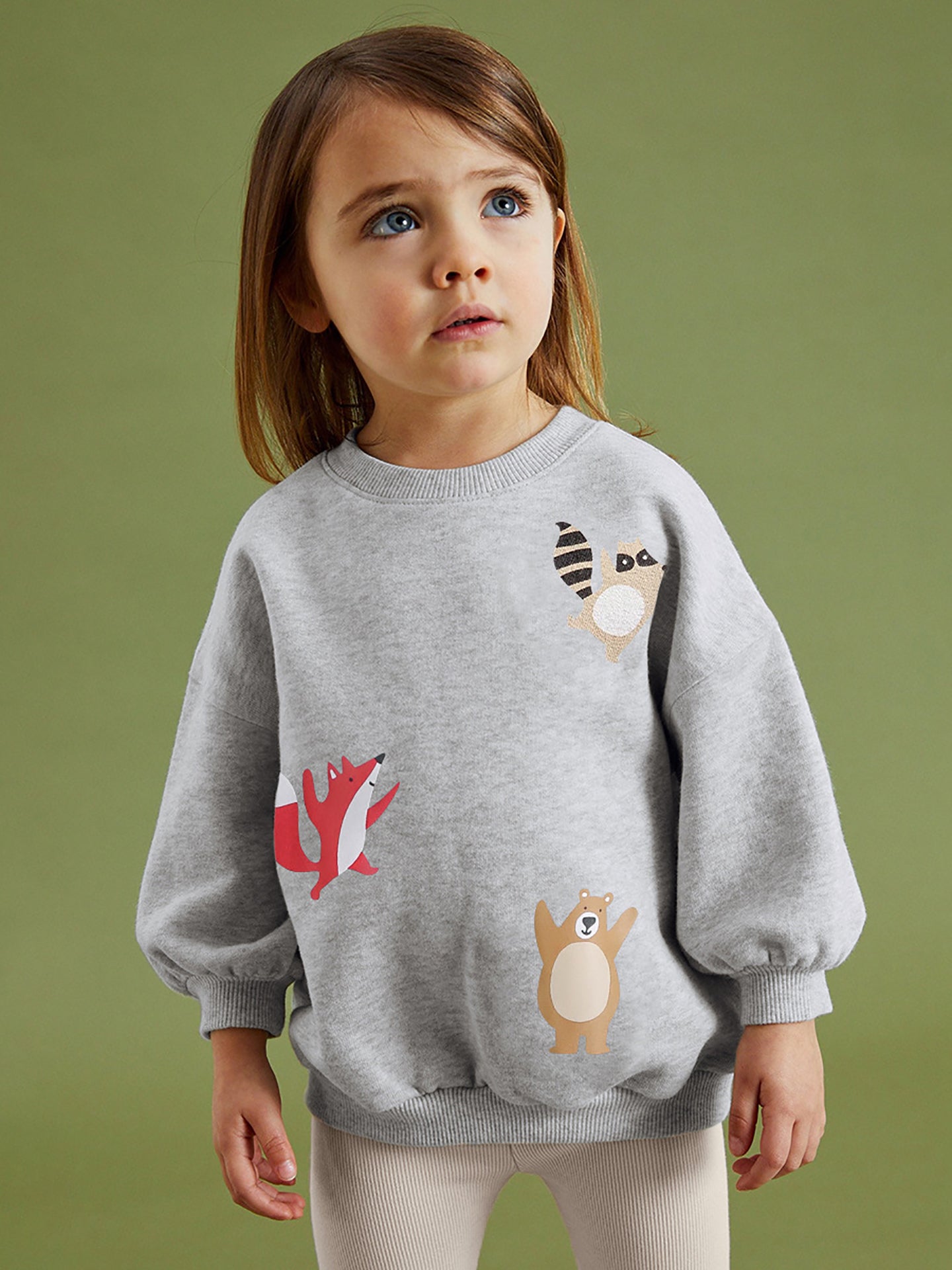 Girls Grey & Off White Printed Pure Cotton Sweatshirt with Leggings